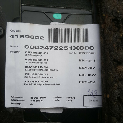 BMW E92 Seiten Verkleidung innen HINTEN RECHTS Leder schwarz ohne Gurtbringer 