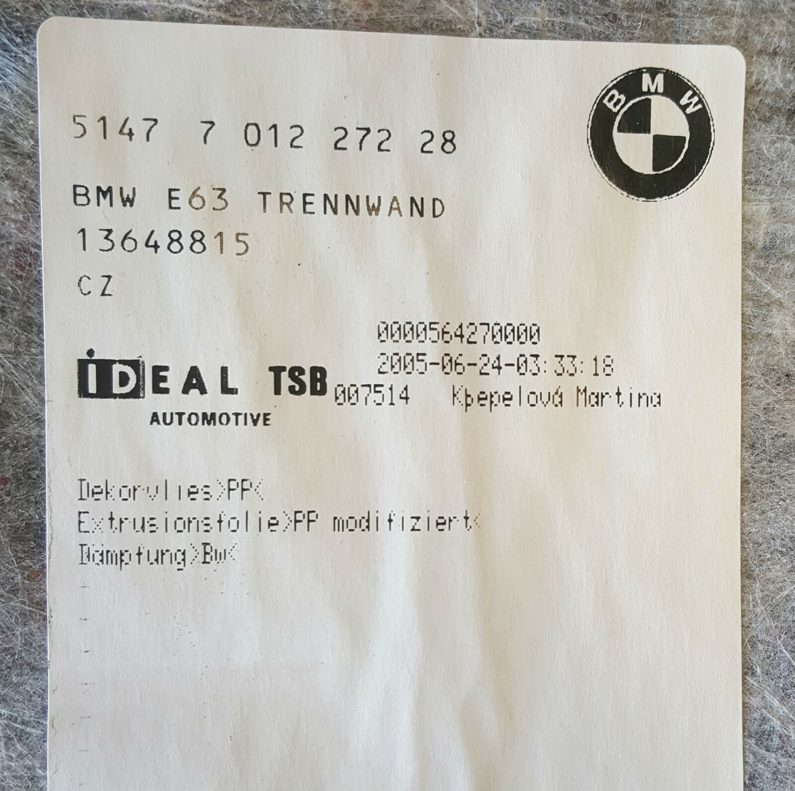 BMW 6er E63 Coupe Verkleidung Trennwand Gepäckraum Kofferraum Matte 7012272